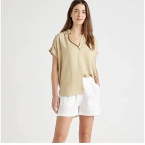 Quince Relaxed Button-Front Short Sleeve Shirt in Beige